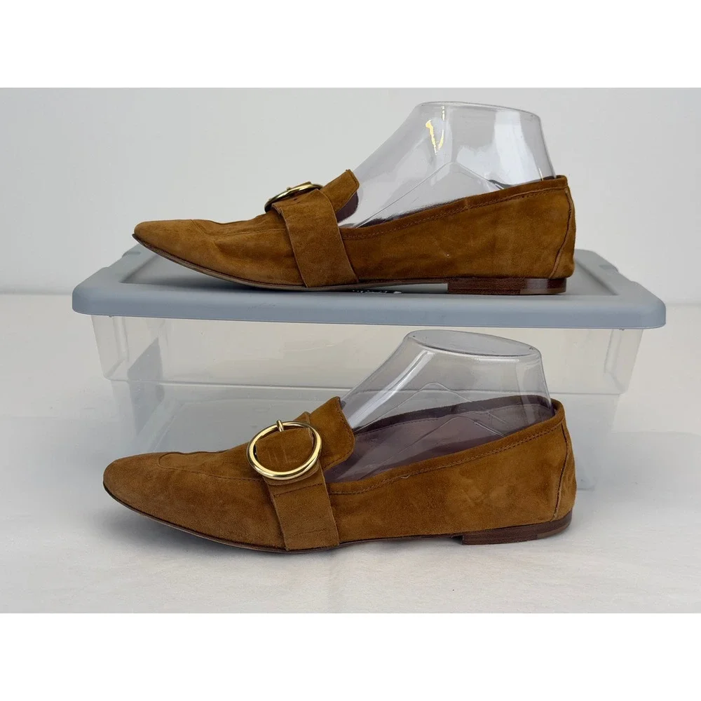 Kurt Geiger Loafers Women 38 Brown Suede Gold Buckle Made in Italy Preppy